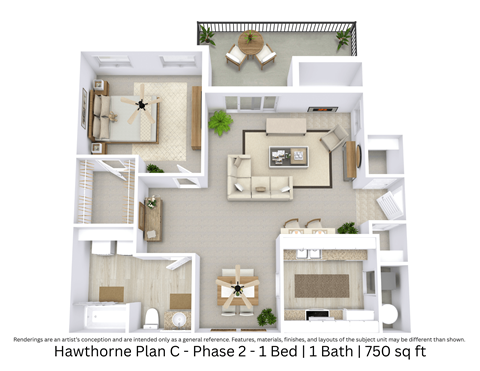 Floor plan for 1 bed, 1 bath, 750 sqft